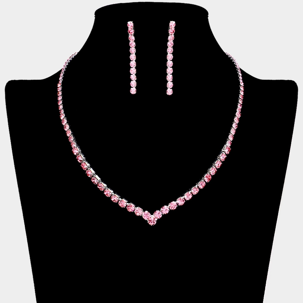 Pink Round Rhinestone Necklace Chain Crystal Black Tie Formal Jewelry Set